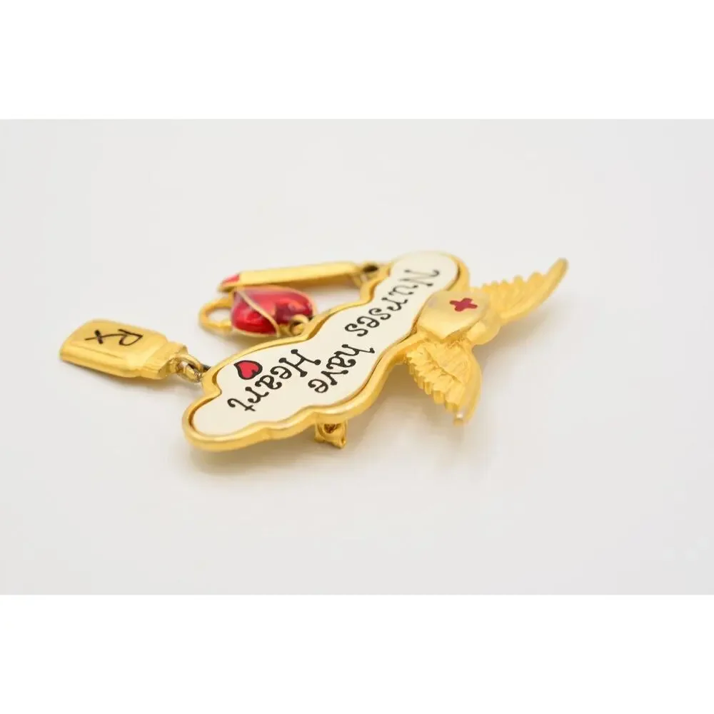 Tara Vintage Nurse Pin Brooch Gold Charms Nurses Have Heart Angel Signed BinAL